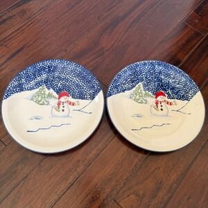 Thomson Pottery Snowman Dinner Plates Set 2 Winter Christmas Blue 11 Replacement